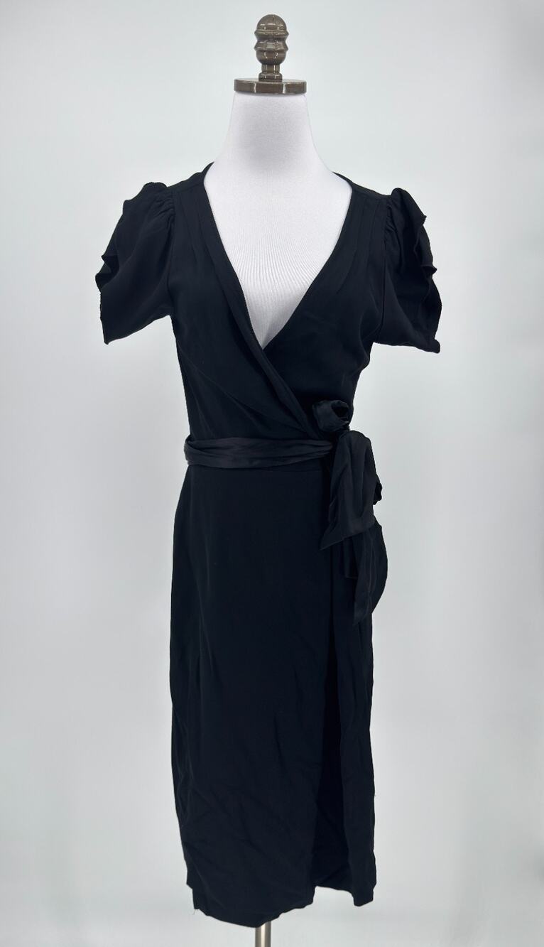 Diane von Furstenberg Antoinette Black Wool V Neck Short Sleeve Wrap Dress Sz 12